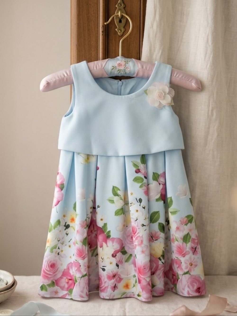 Bonnie Jean Light Blue Floral Party Dress with Flower Accent, S-3T, NWT